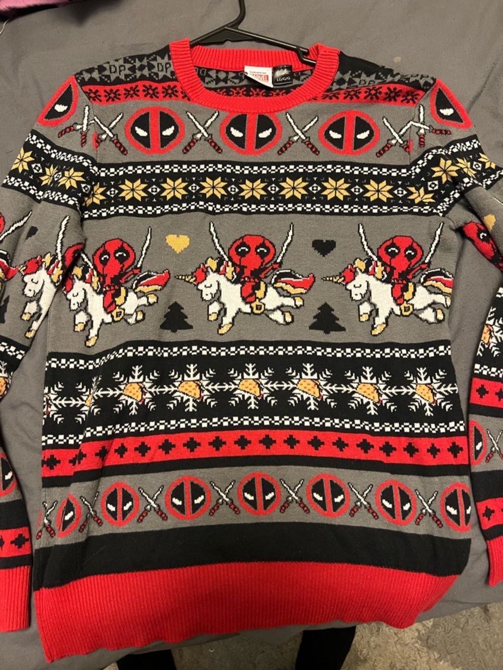 Marvel Deadpool Grey & Red Holiday Knit Sweater - Men's